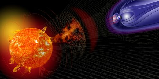 Une image d'artiste montrant une éruption solaire et les lignes de champs magnétiques des magnétosphères de la Terre et du Soleil. 