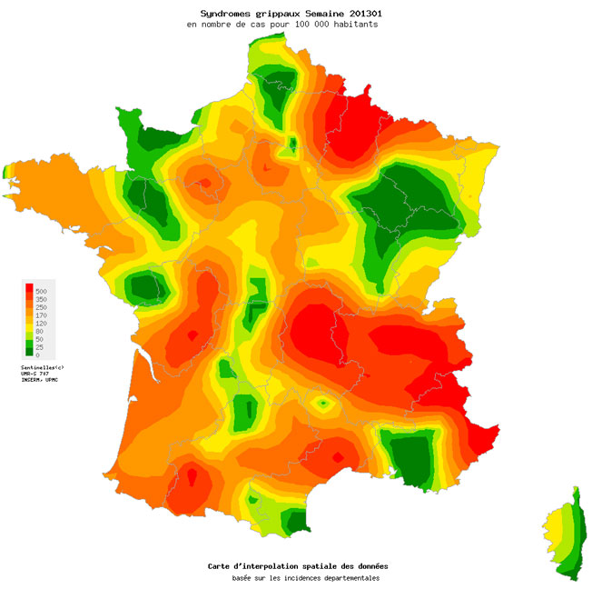 Carte des grippes en France 10.01.2013