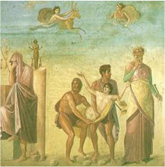 Sacrifice d’Iphigenia à Aulis (peinture romaine). Noter les éléments célestes.