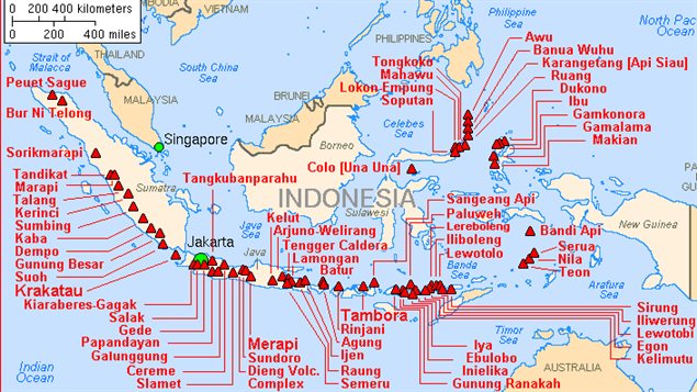 Carte des principaux volcans d'Indonésie qui ont connu des éruptions aux 20e et 21e siècles-USGS