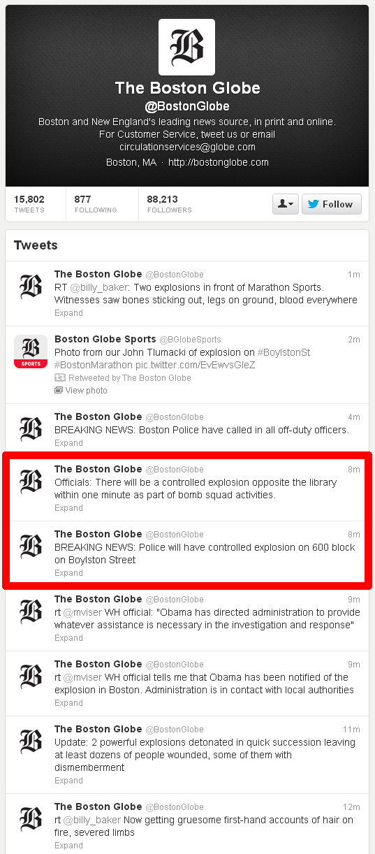Extrait compte Twitter du Boston Globe_attentat du marathon de Boston