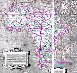 L' Afrique selon Mercator en 1569 avec les massifs montagneux en rose