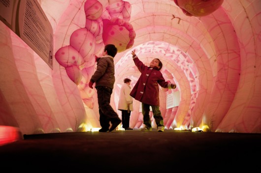 Des enfants jouent dans une maquette géante d'intestin installée sur une place du centre-ville de Lyon, en 2010.