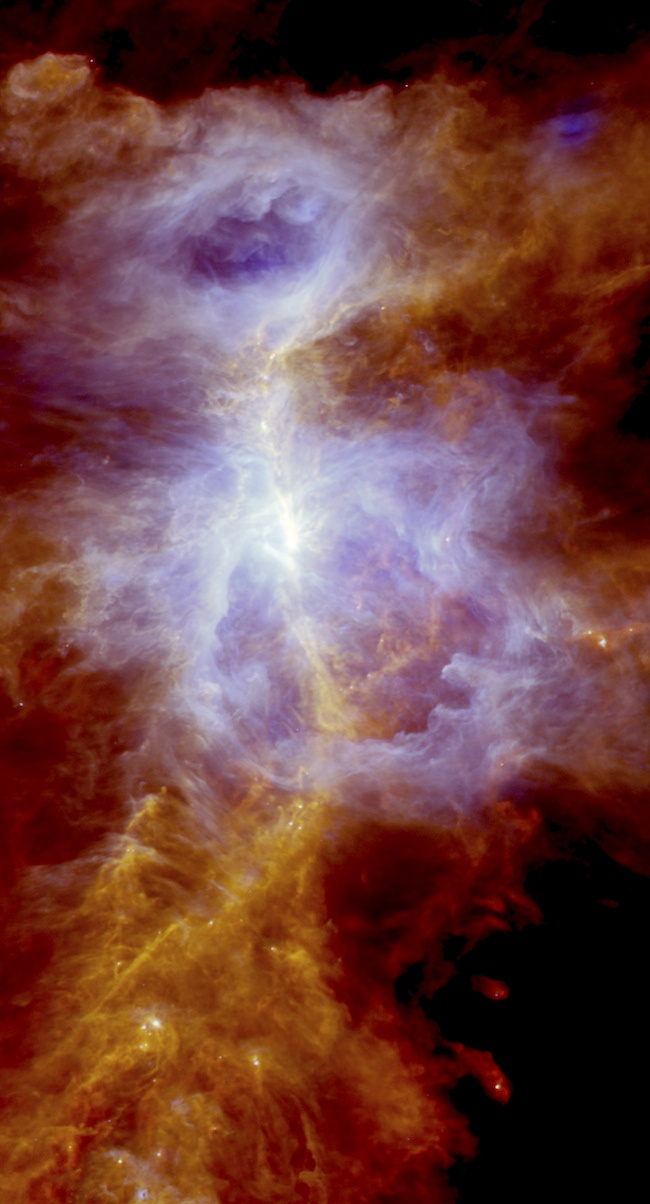 Les entrailles de la nébuleuse d’Orion au prisme du télescope spatial Herschel.