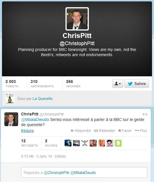 Christoph Pitt, producteur de BBC News, invite Dieudonné à s’exprimer au sujet de la Quenelle sur sa chaîne TV via son Tweeter :