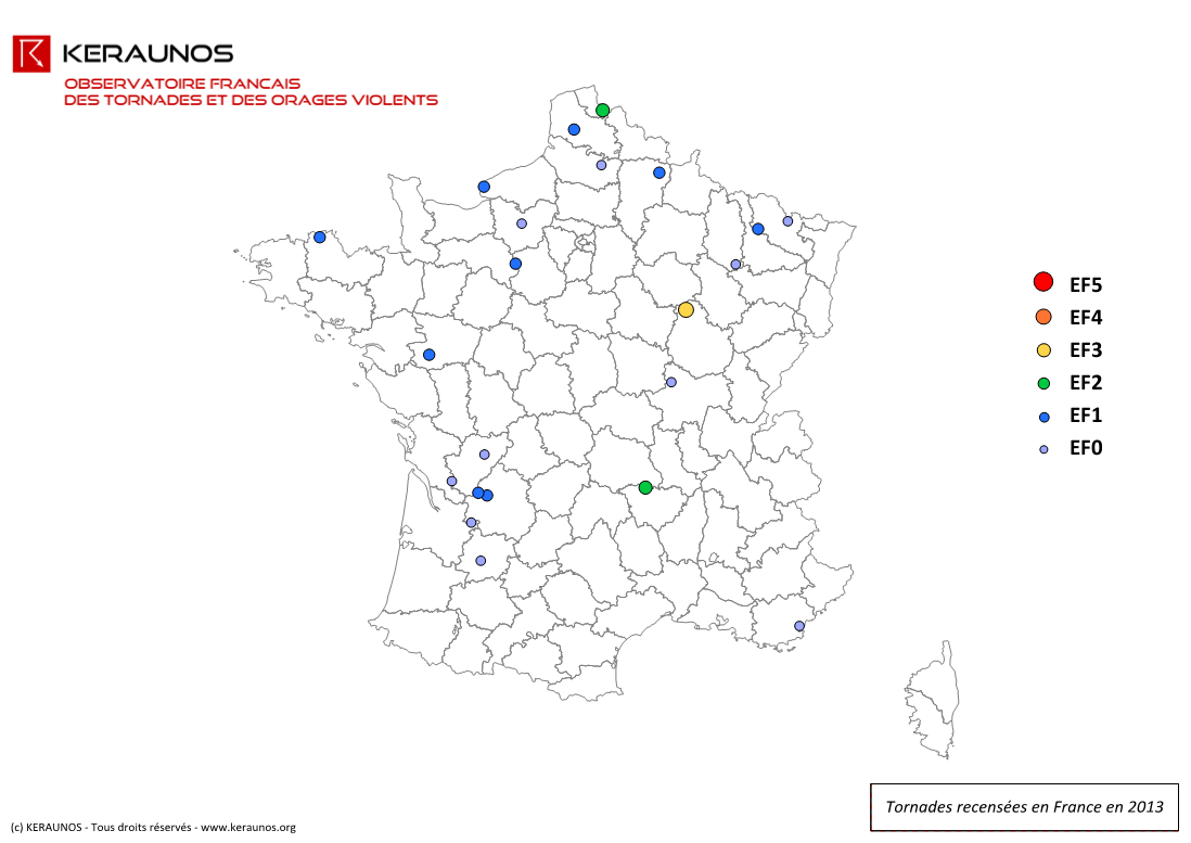 Carte des tornades en France en 2013