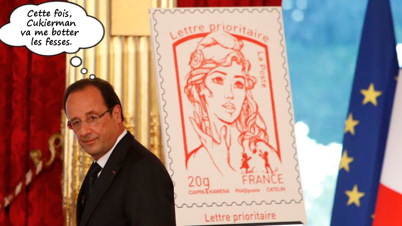 François Hollande et le timbre Marianne effigie femen