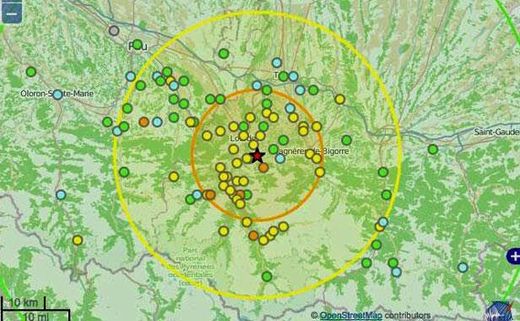 Carte Lourdes, Pyrénées, séisme de 4,7
