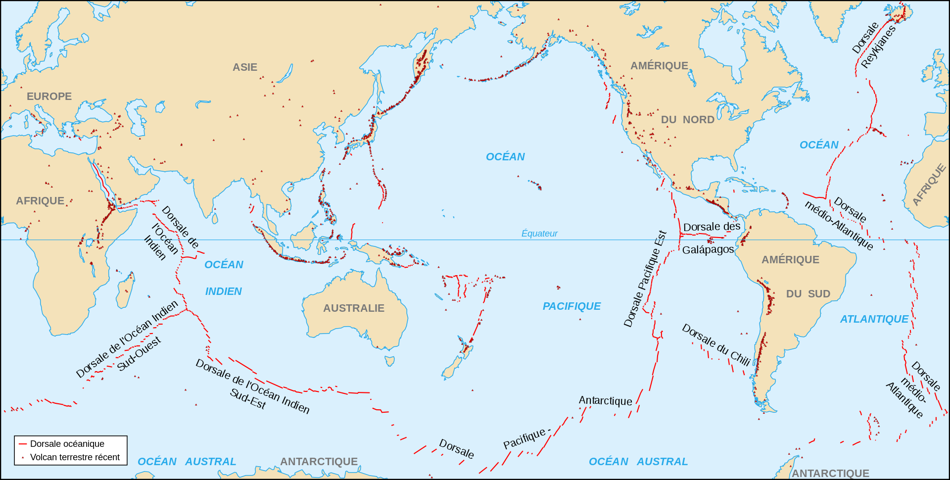 Carte de répartition du volcanisme sur Terre dont sous-marin (traits rouges).
