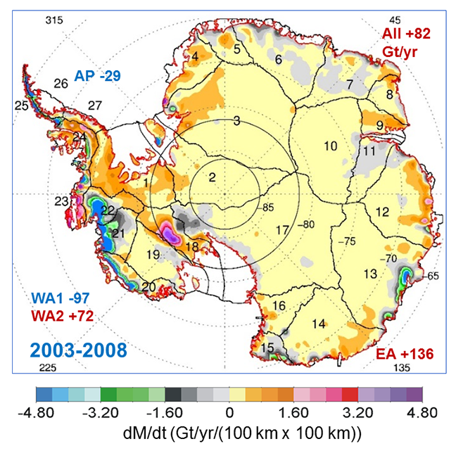 Carte montrant la dynamique des volumes de glace en Antarctique