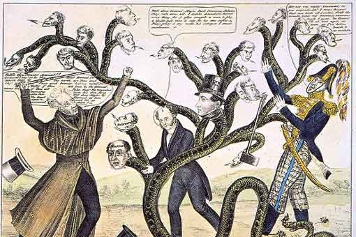 President Jackson destroying the Bank of the United States (BUS). Lithograph, 1828