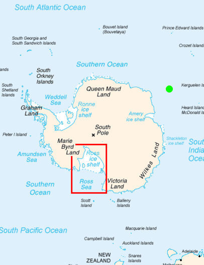 Location of the Ross sea. The green dot indicates the antipode of Hudson Bay.