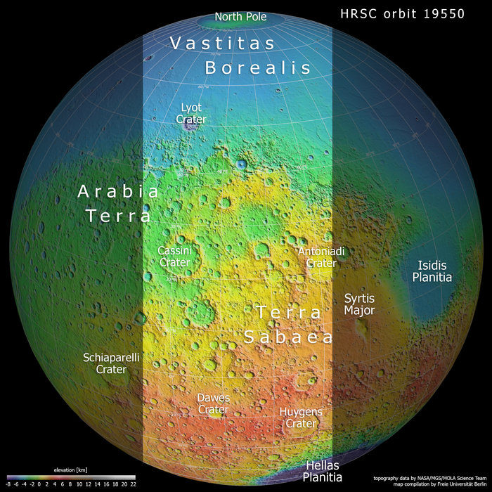 tranche de Mars dans un contexte topographique qui présente Terra Sabaea et Arabia Terra