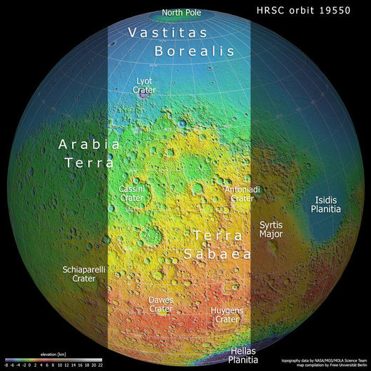 tranche de Mars dans un contexte topographique qui présente Terra Sabaea et Arabia Terra