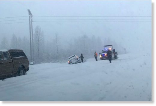 A car went off the road near Mile 78 of the Seward Highway south of the Portage turnoff on Monday, Jan. 27, 2020.