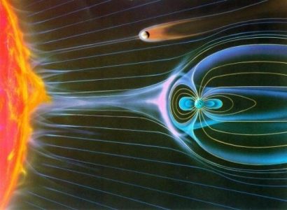 Représentation du Soleil (à gauche) et de Vénus avec sa queue cométaire et la Terre et sa magnétosphère