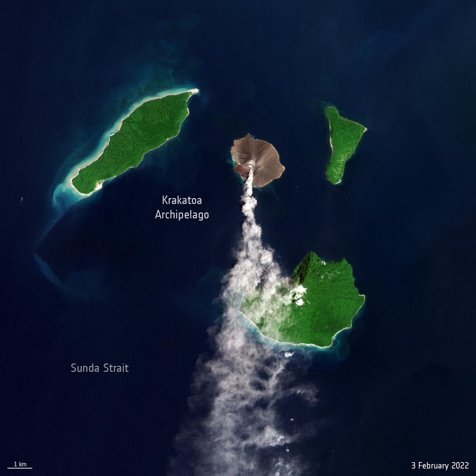Anak Krakatoa, or Krakatau, volcano on Rakata Island in Indonesia captured by the Copernicus Sentinel-2 mission on February 3, 2022.