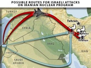 Map for possible routes for Israeli attacks on iranian nuclear program