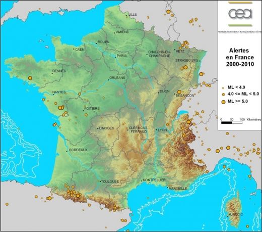 La carte des alertes séismes 2000-2010 en France