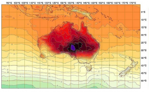 Map Australie une couleur de chaleur ajoutée sur les cartes météo