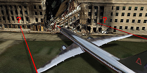 Montage montrant à l'échelle, la taille d'un Boing 757 qui ne peut, en aucun cas s'insérer dans les dégâts causés au bâtiment.