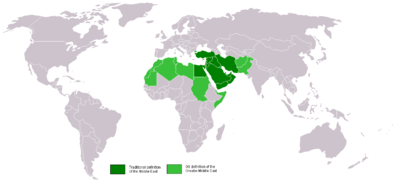 Le « Grand Moyen-Orient » vu par Washington, incluant le Moyen-Orient proprement dit, ainsi que le Maghreb, le Soudan, la Somalie, le Pakistan et l'Afghanistan. MAP