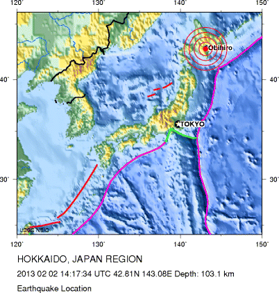 Map seism 6.9 Hokkaido 02.02.2013