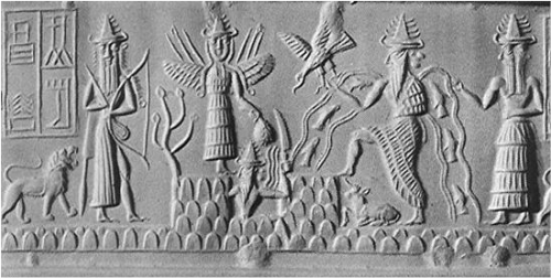 Cylindre akkadien, 2,250 av. J.-C., Ninurta, Ishtar, Shamas, et Ea. Noter Ninurta avec sa flèche.