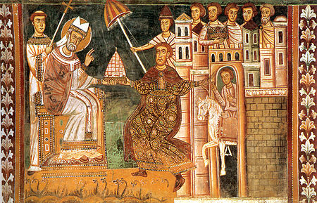 Cliquer pour agrandir Fresque anonyme du XIIe siècle représentant la Donation de Constantin - Rome, Basilique des Quatre-Saints-Couronnés
