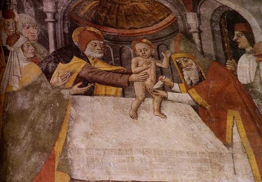 La Circoncision de Jésus (fresque de Jean Canavero, XVe siècle, église Notre-Dame-des-Fontaines.