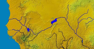 Carte_afrique de l'Ouest_Superposition de cours d'eau et de ce lac selon Mercator sur une carte topographique moderne