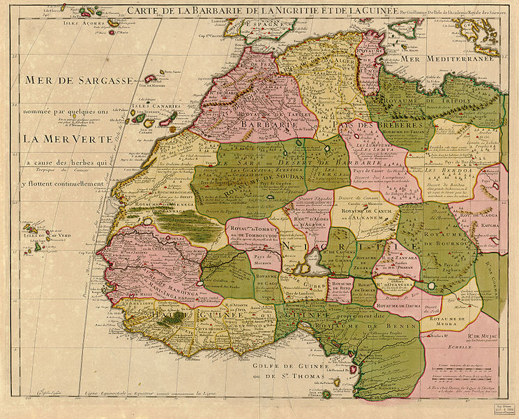 Une carte française de 1707, où on confond encore le fleuve Sénégal avec le fleuve Niger, qui démontre une connaissance des terres de l'Afrique de l'Ouest plus que partielle à cette époque. Quelques petits « lacs » en plein Sahara, probablement des oasis,