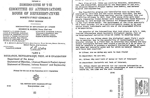 Document officiel des archives de la Librairie du Sénat des États-Unis. Le document atteste que le virus du sida a été artificiellement créé par le Département de la Défense des États-Unis d'Amérique