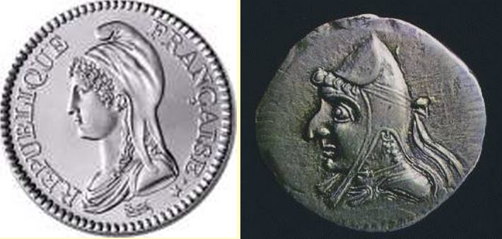 Comparaison de deux effigies : Marianne sur une pièce de franc (à gauche) et Mithradates I, empereur de la dynastie Parthe d'Iran (environ 171-138 av. J.-C.). Les similitudes entre les bonnets sont frappantes.