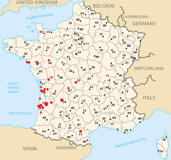 Localisation des témoins connus du bolide français, au 25.07.2013 à 18h00 heure de Paris