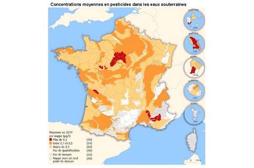 93% des cours d'eau français contaminés par les pesticides_MAP_Concentrations moyennes en pesticides dans les eaux souterraines