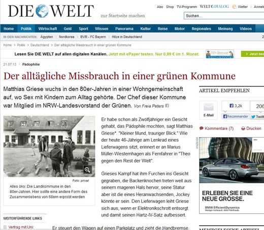 Die Welt-Capture d’écran de l’article de Die Welt mis en ligne sur le site de l’hebdomadaire