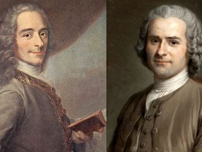 Voltaire et Rousseau. Les deux philosophes, qui représentaient les aspirations de classes sociales distinctes, remirent en cause l’ordre du monde. À la domination de l’homme blanc et de sa religion, ils préféraient la Raison.