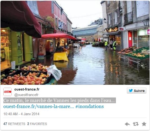 Ce matin 4 janvier 2014 le marché de Vannes les pieds dans l'eau
