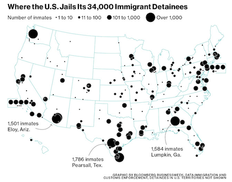 Carte des migrants emprisonnés aux USA