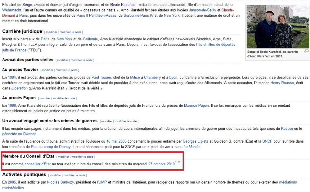 Cliquer pour agrandir Arno Klarsfeld, Wikipédia, Conseil d'Etat